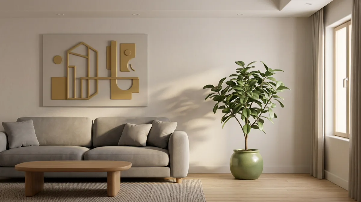 Wohnzimmer mit großem abstraktem Gemälde mit goldenen Akzenten über dem Sofa